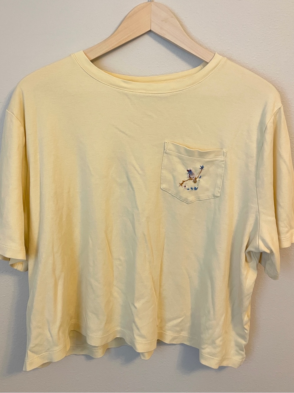 A New Day - Cropped Yellow Pocket Tee with Embroidered Bird – Size XL
